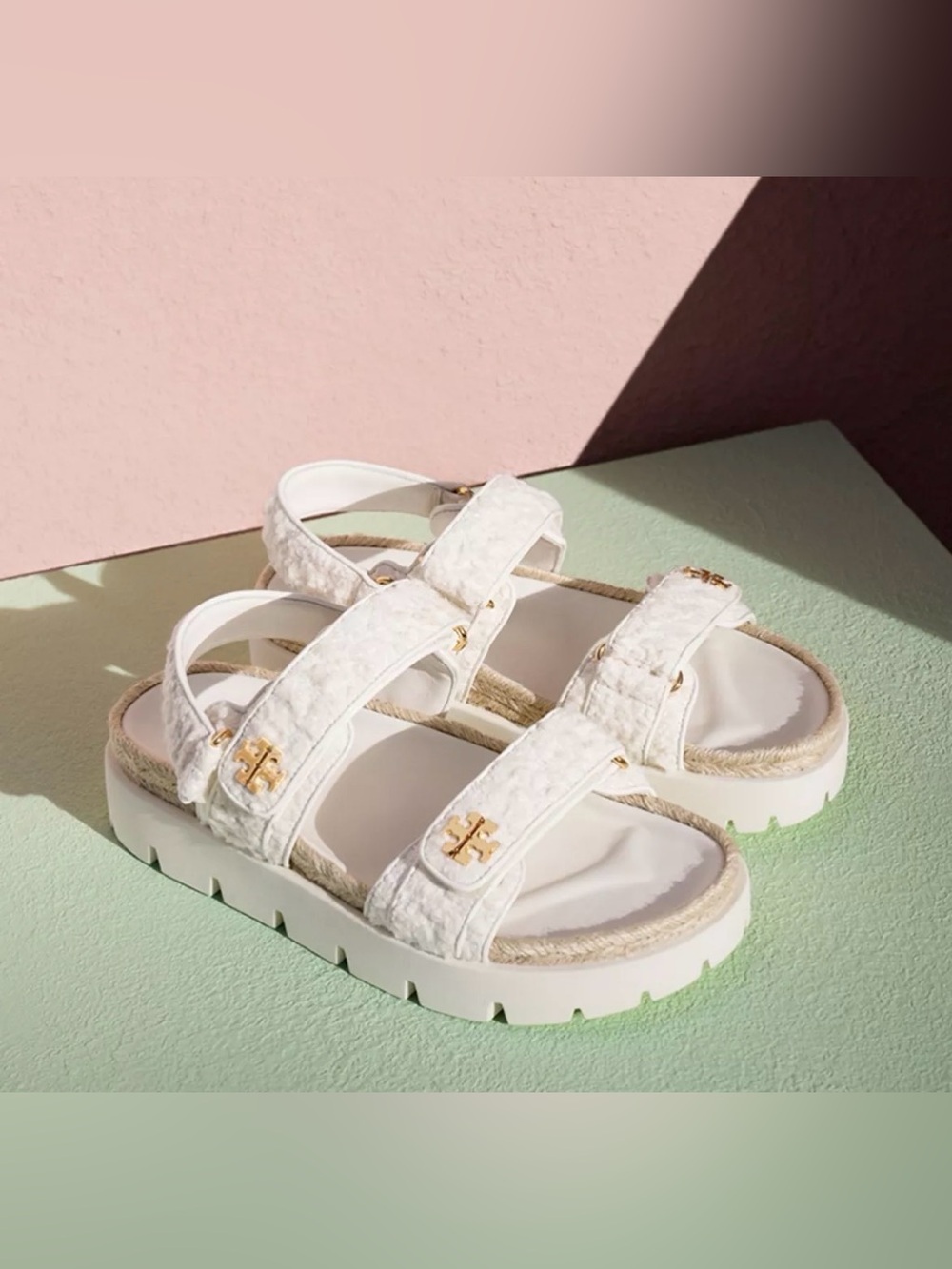 Tory Burch White Quilted Strap Platform Sandals with Gold Logo, size 6